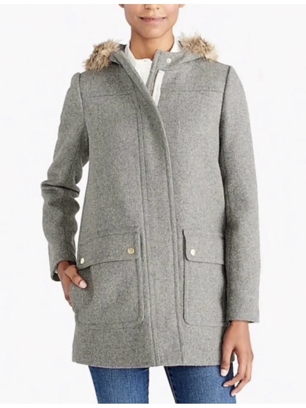 J. CREW MERCANTILE VAIL PARKA COAT HEATHER GREY FAUX FUR HOOD WOOL BLEND